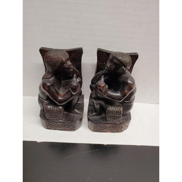 Vintage Carved Wood Book Ends - Thinking Pipe Smok - Picture 4 of 6